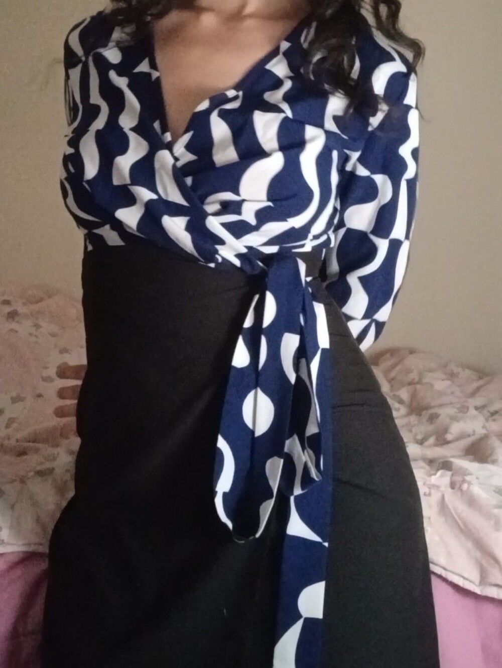 Blue and White Patterned Wrap Dress